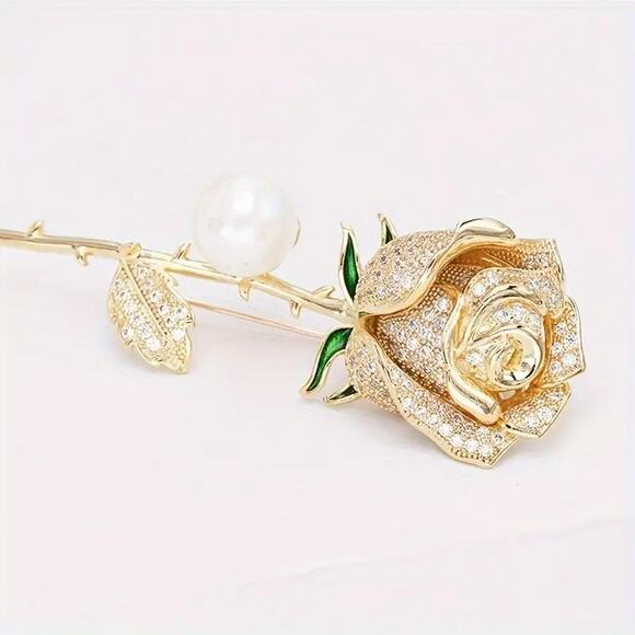 Brooch Rhinestone Gold-Tone Rose with Green Leaves Luxury - Picture 1 of 8